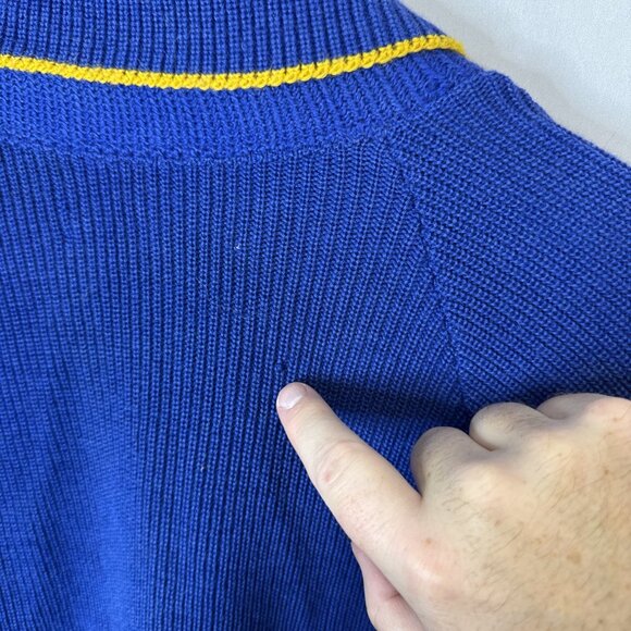 Vintage 1960s Royal Blue Shawl Collar Cardigan Yellow Trim Men M Curling Preppy - Picture 7 of 7